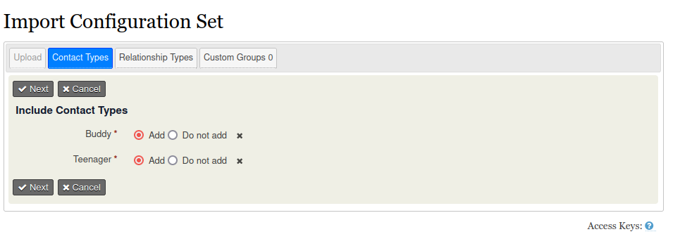 Screenshot of import of contact types
