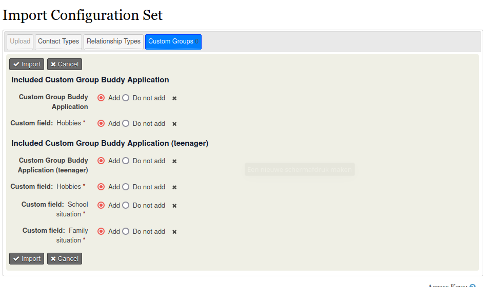 Screenshot of import custom groups