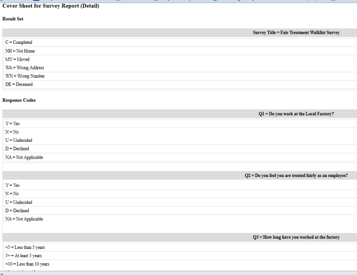 cover sheet with response codes